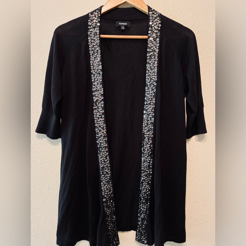 Express 100% Cotton Cardigan Black Embellished Short Sleeve Cover Up SZ M